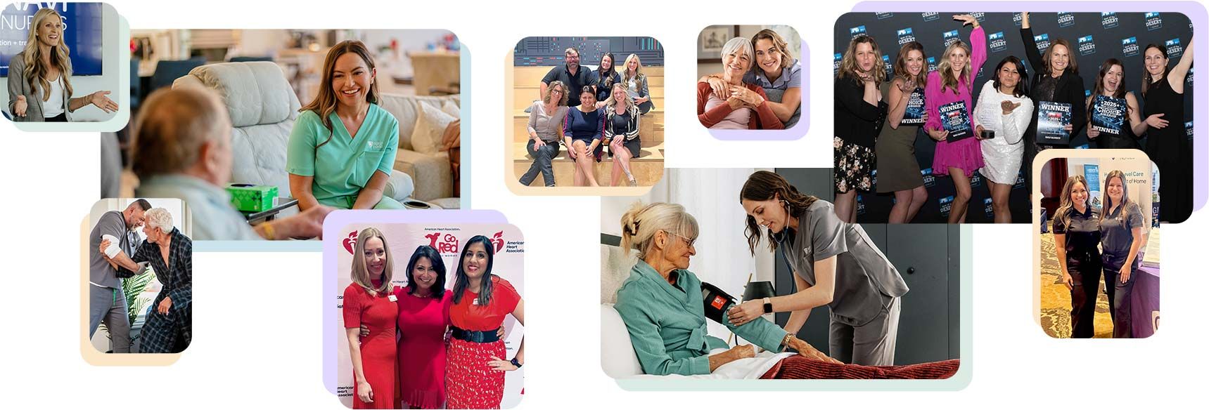 A photo collage showcasing a company's vibrant culture. The images include healthcare professionals providing compassionate care to older adults, team members smiling together at events and in casual settings, and celebrating professional awards and achievements.